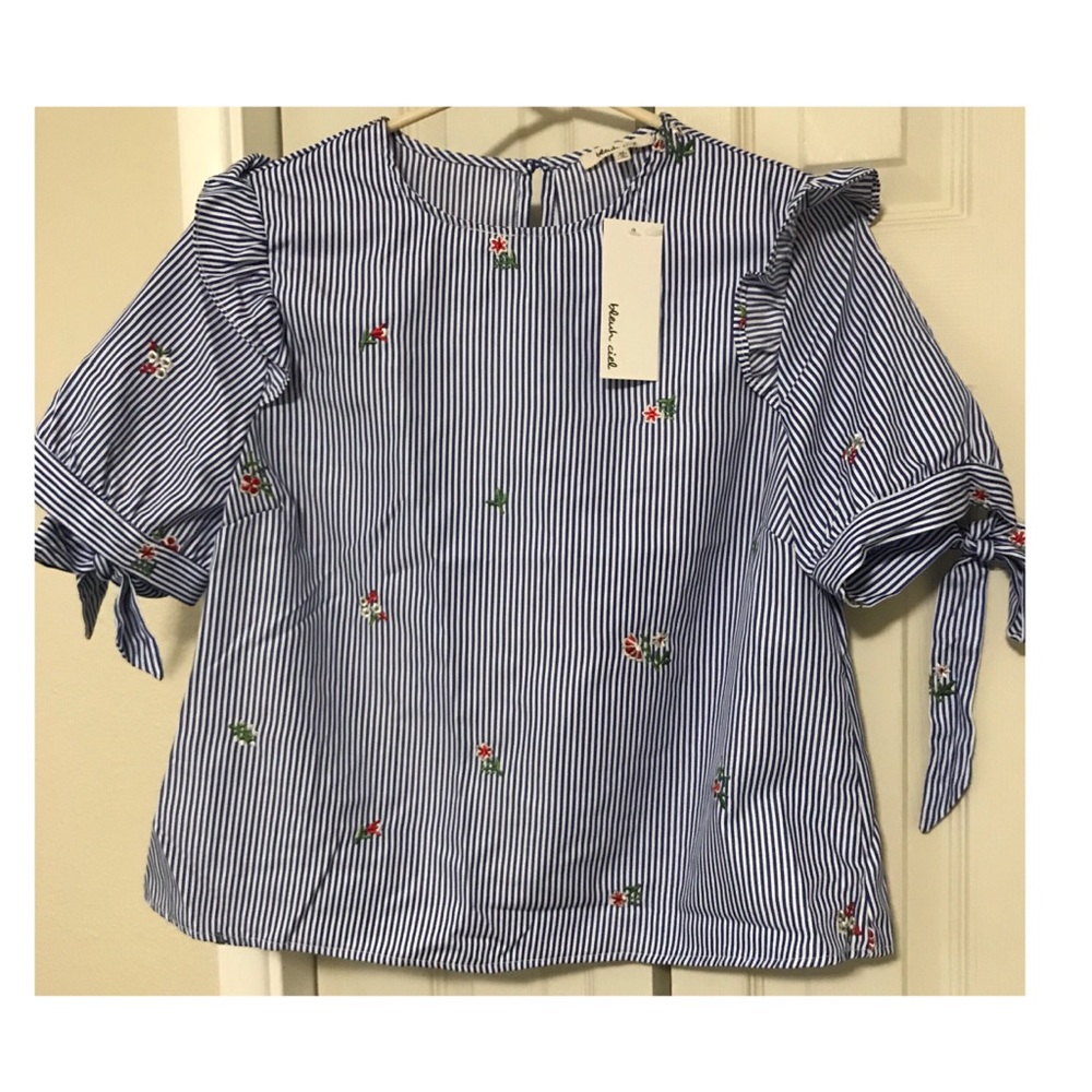 💜Bleu ciel striped crop top w/embroidered flowers